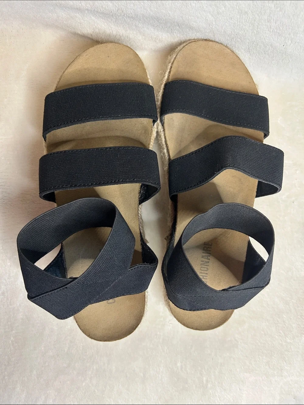 Cushionaire Mandy Black Elastic Strap Jute Espadrille Platform Sandals Women 7.5